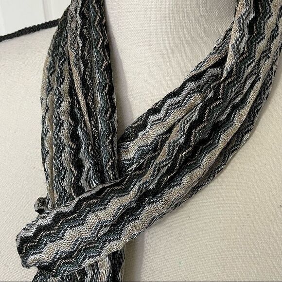 Accessories - Zigzag Metallic Knit Long Thin Neutral Scarf with Fringe